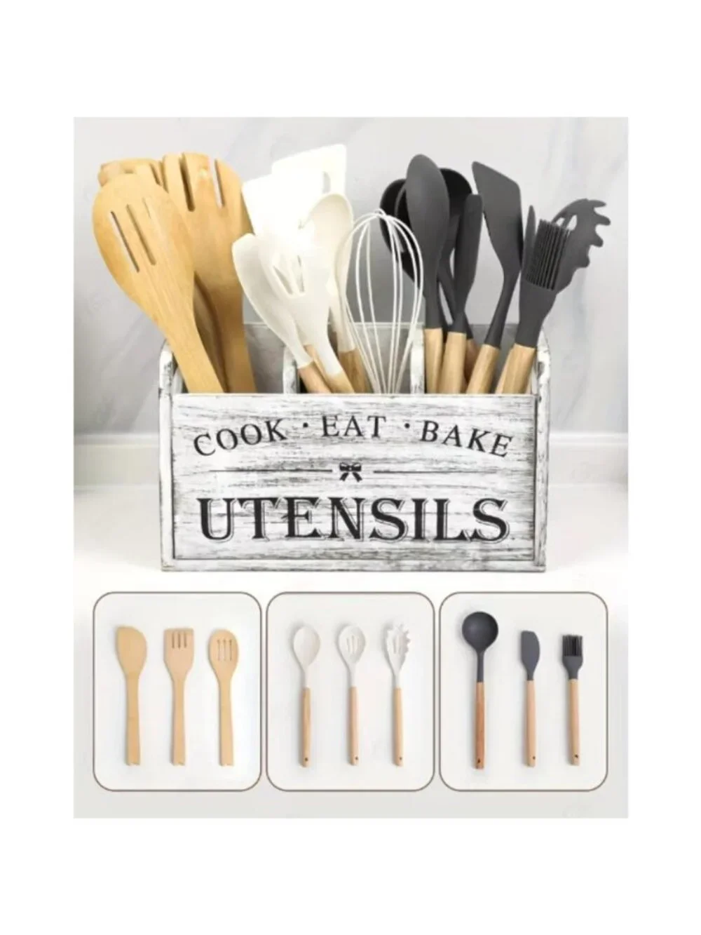 Wooden Kitchen Utensil Caddy, Spoon Fork Silverware Storage Rack
